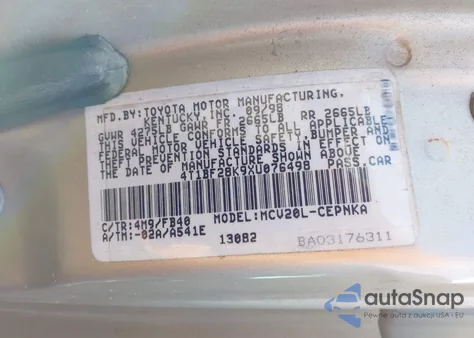 1999 Toyota Camry Le V6 z USA, uszkodzony, nr VIN 4T1BF28K9XU076498